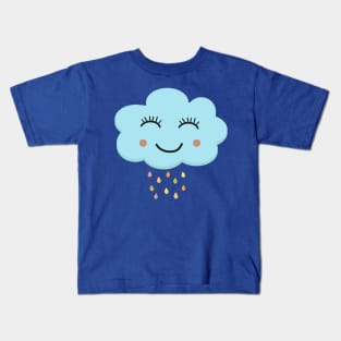 Happy blushing blue cloud with rainbow raindrops kawaii Kids T-Shirt